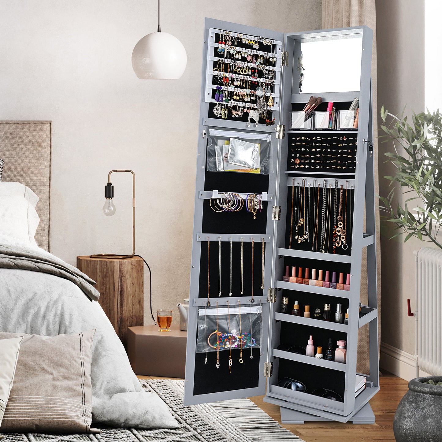 Jewelry Armoire with Full-Length Mirror and 360° Rotation
