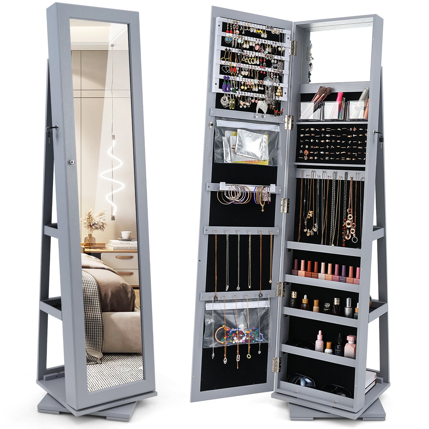 Jewelry Armoire with Full-Length Mirror and 360° Rotation
