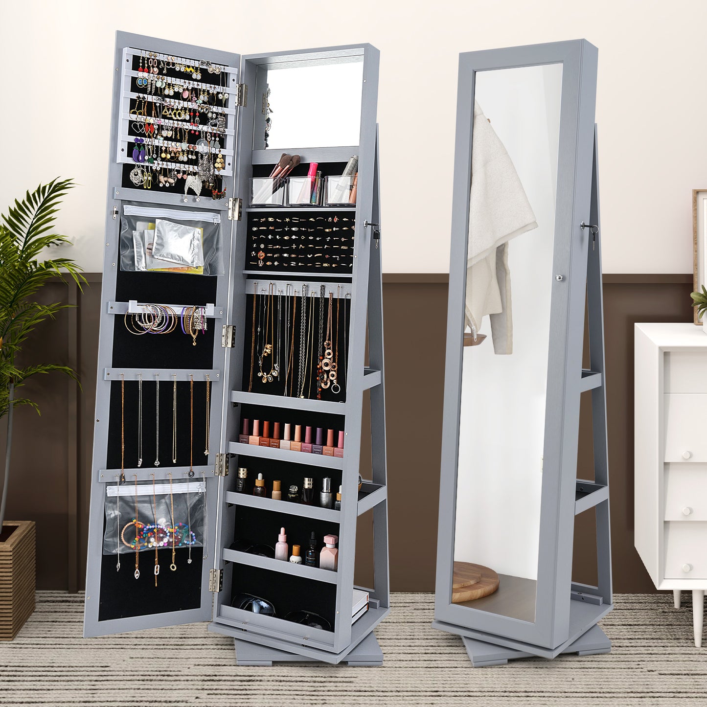 Jewelry Armoire with Full-Length Mirror and 360° Rotation