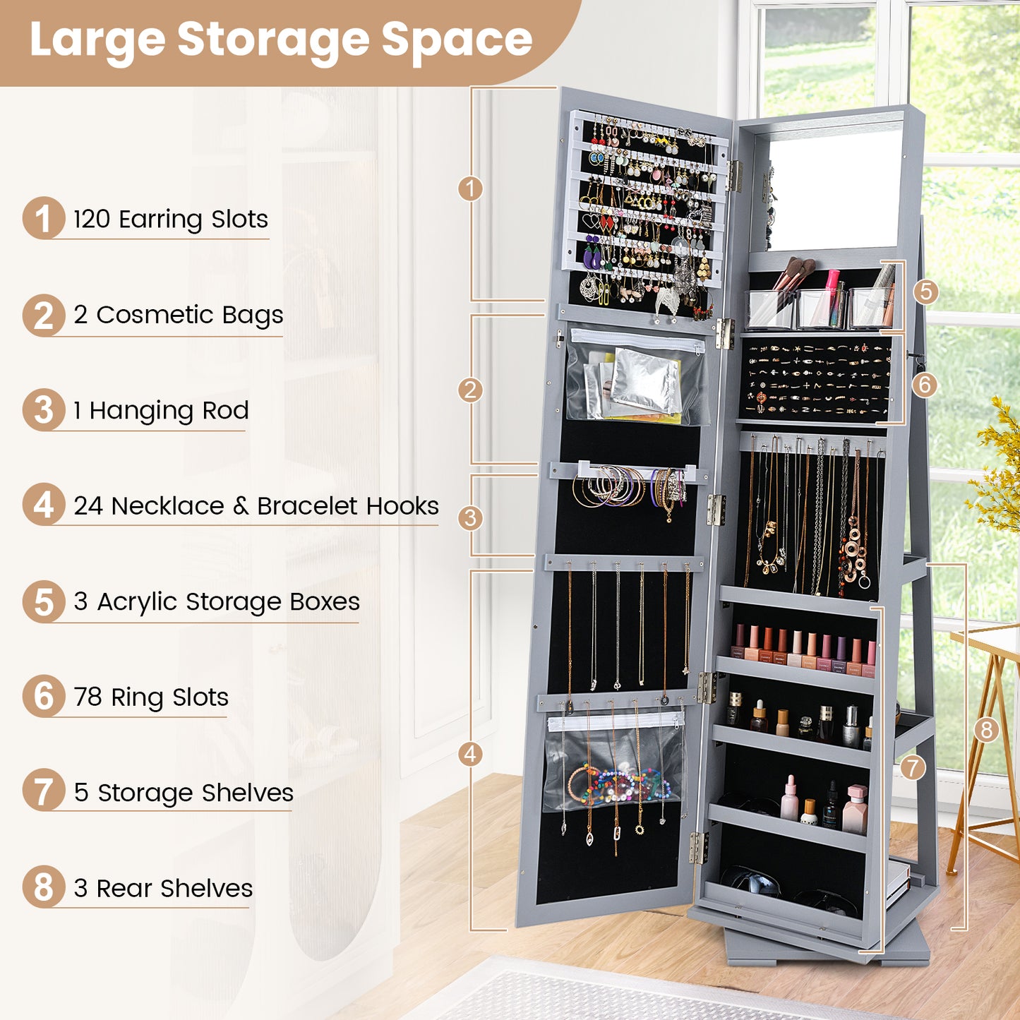Jewelry Armoire with Full-Length Mirror and 360° Rotation