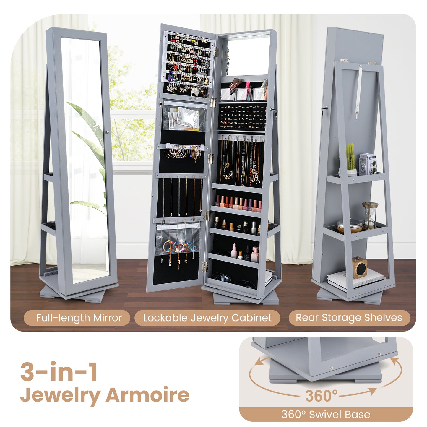 Jewelry Armoire with Full-Length Mirror and 360° Rotation
