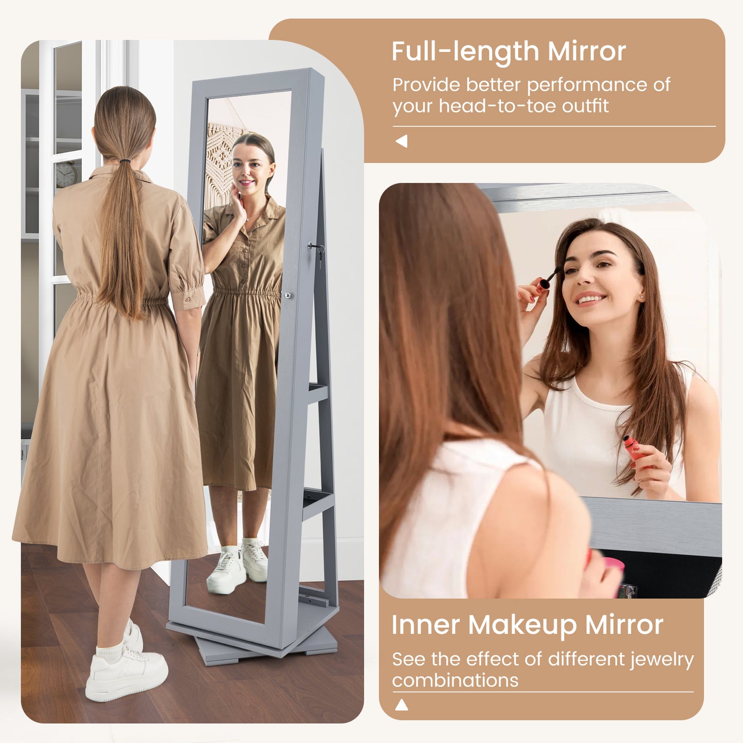 Jewelry Armoire with Full-Length Mirror and 360° Rotation