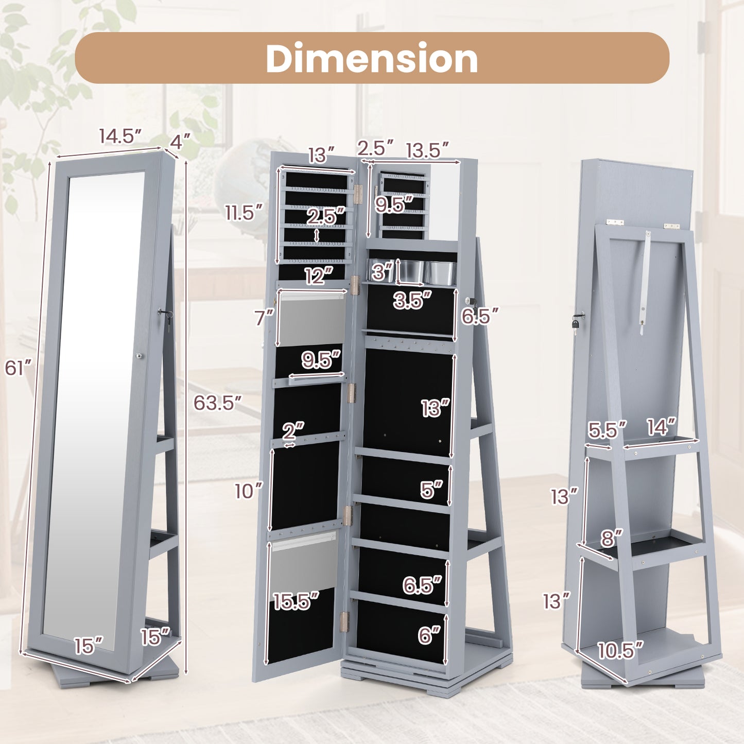 Jewelry Armoire with Full-Length Mirror and 360° Rotation