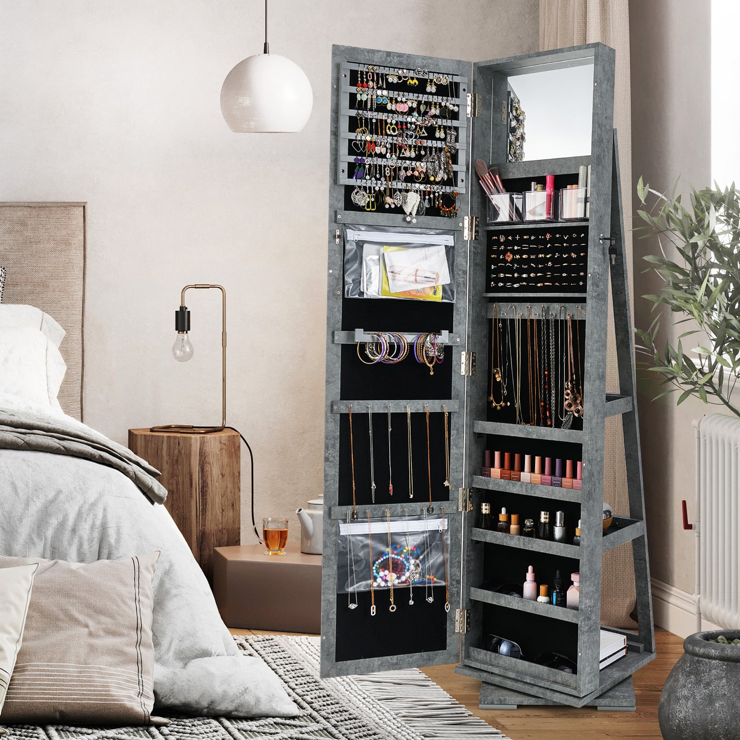 Jewelry Armoire with Full-Length Mirror and 360° Rotation