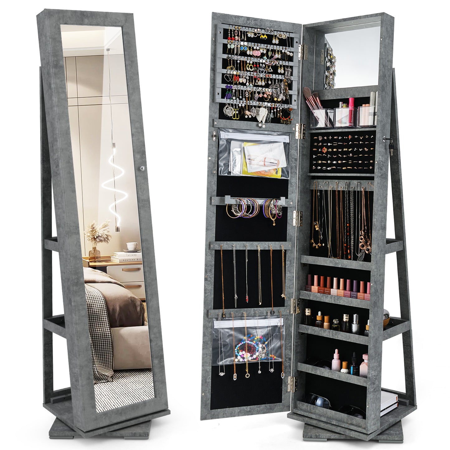 Jewelry Armoire with Full-Length Mirror and 360° Rotation