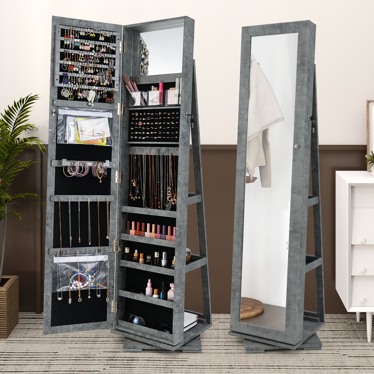 Jewelry Armoire with Full-Length Mirror and 360° Rotation