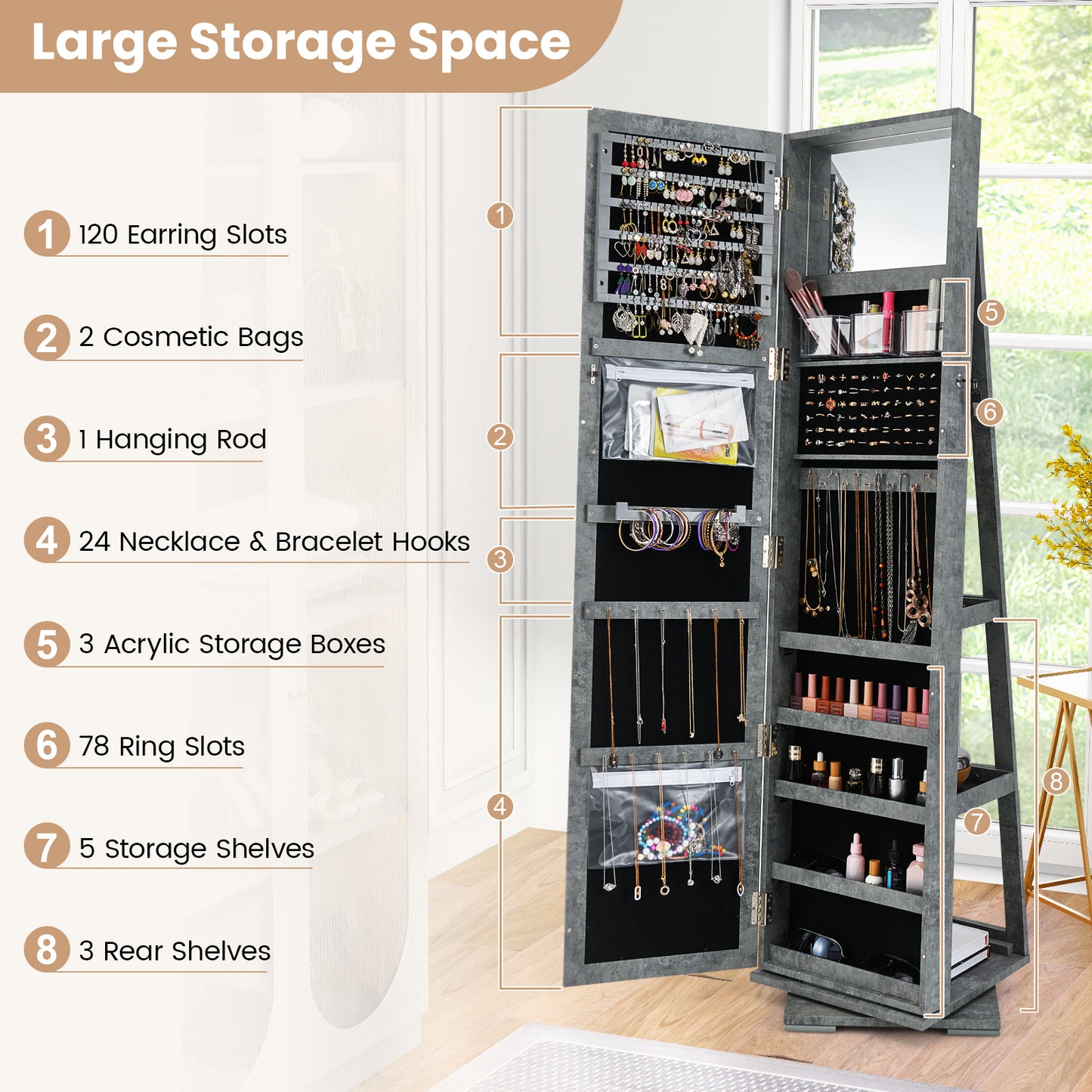 Jewelry Armoire with Full-Length Mirror and 360° Rotation