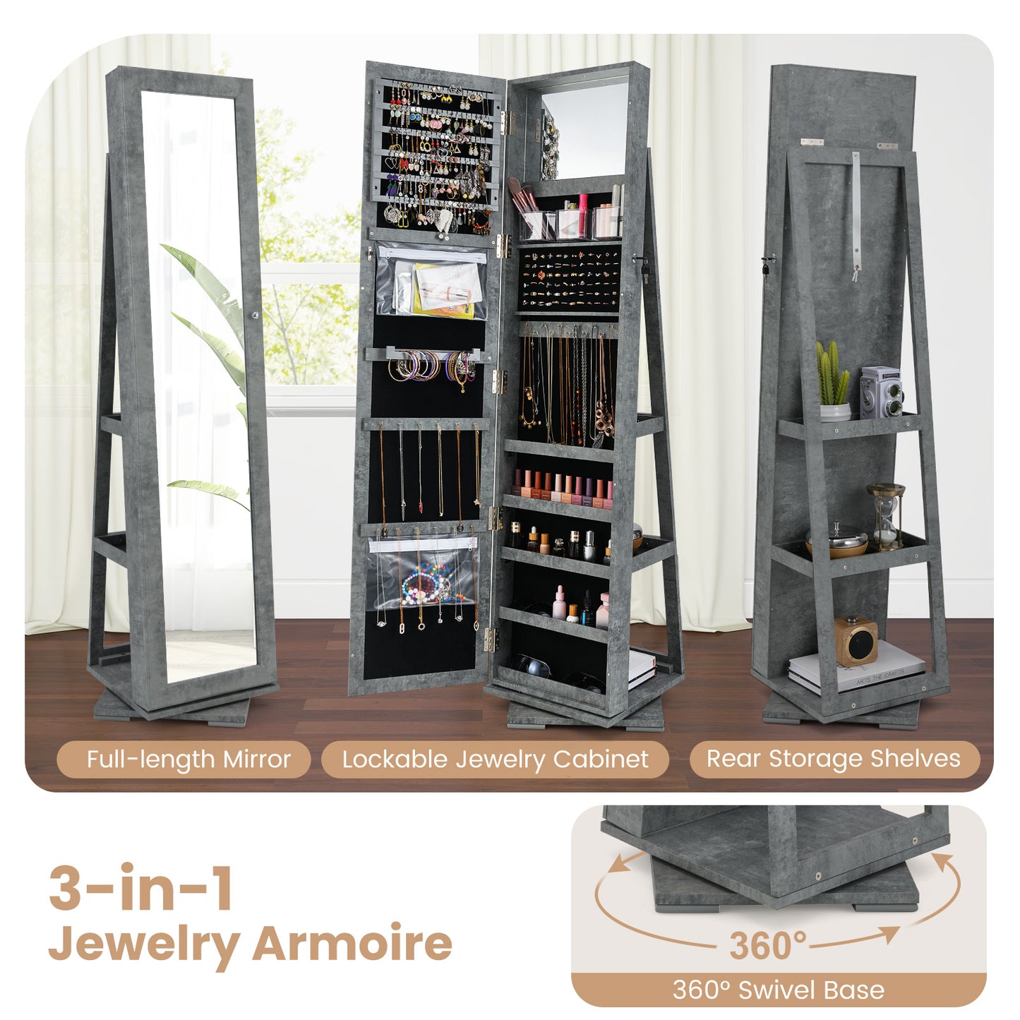 Jewelry Armoire with Full-Length Mirror and 360° Rotation