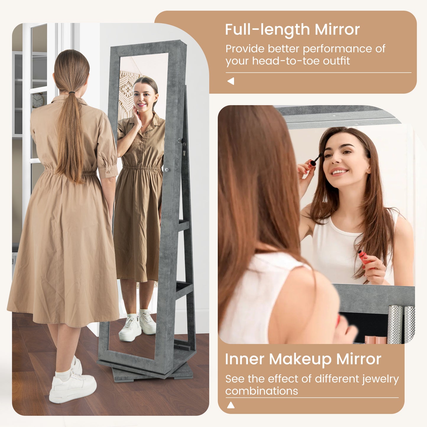 Jewelry Armoire with Full-Length Mirror and 360° Rotation