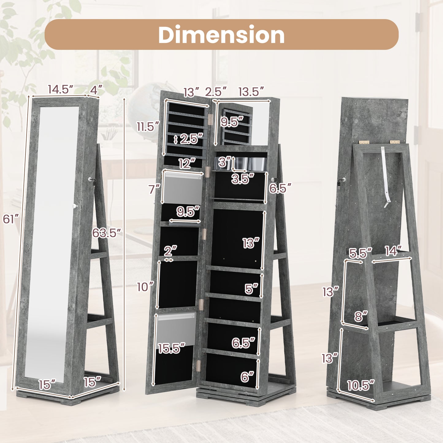 Jewelry Armoire with Full-Length Mirror and 360° Rotation