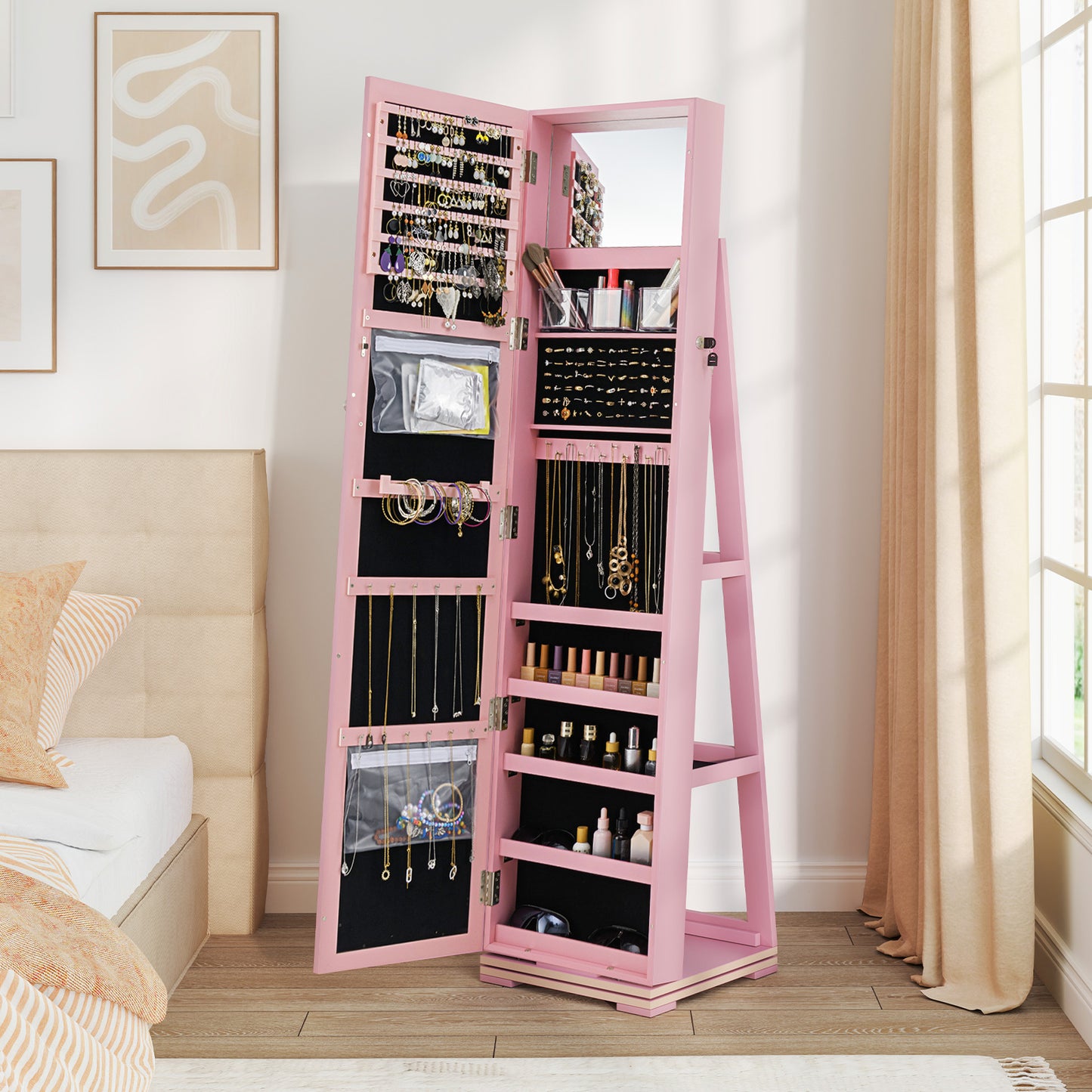 Jewelry Armoire with Full-Length Mirror and 360° Rotation