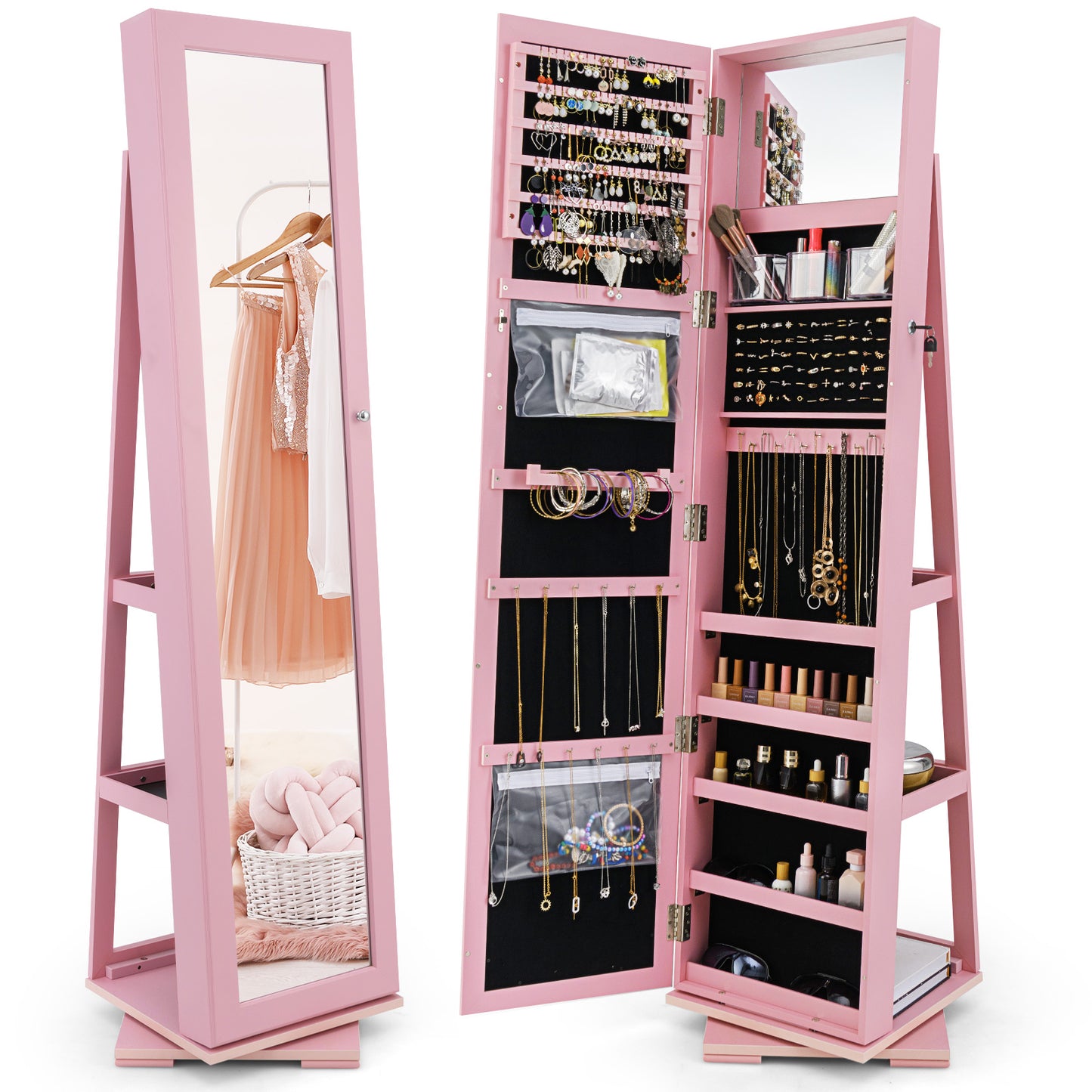 Jewelry Armoire with Full-Length Mirror and 360° Rotation