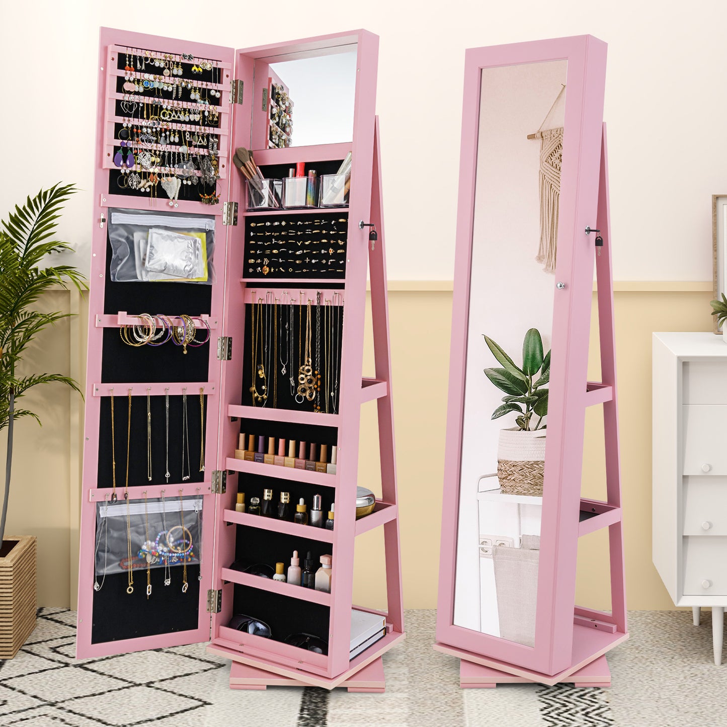 Jewelry Armoire with Full-Length Mirror and 360° Rotation