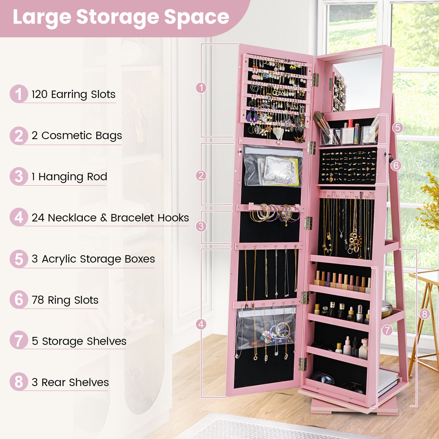 Jewelry Armoire with Full-Length Mirror and 360° Rotation