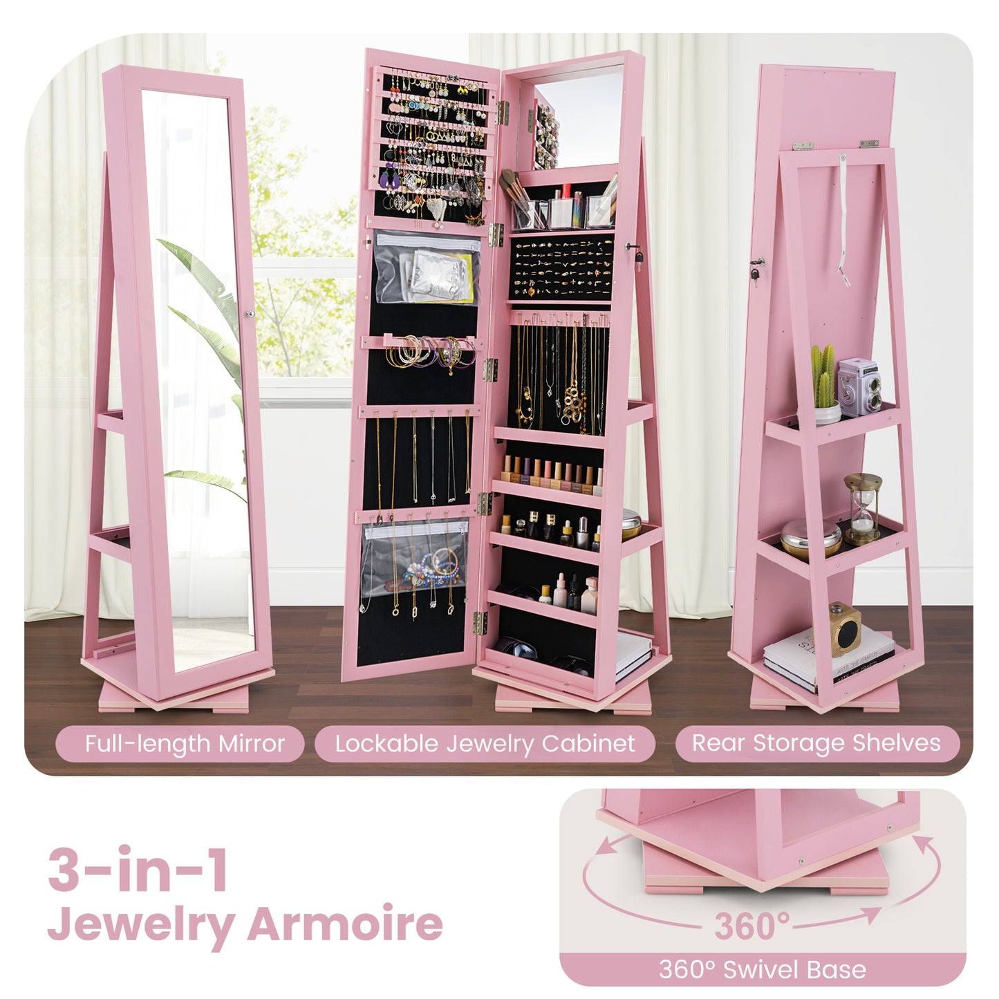 Jewelry Armoire with Full-Length Mirror and 360° Rotation