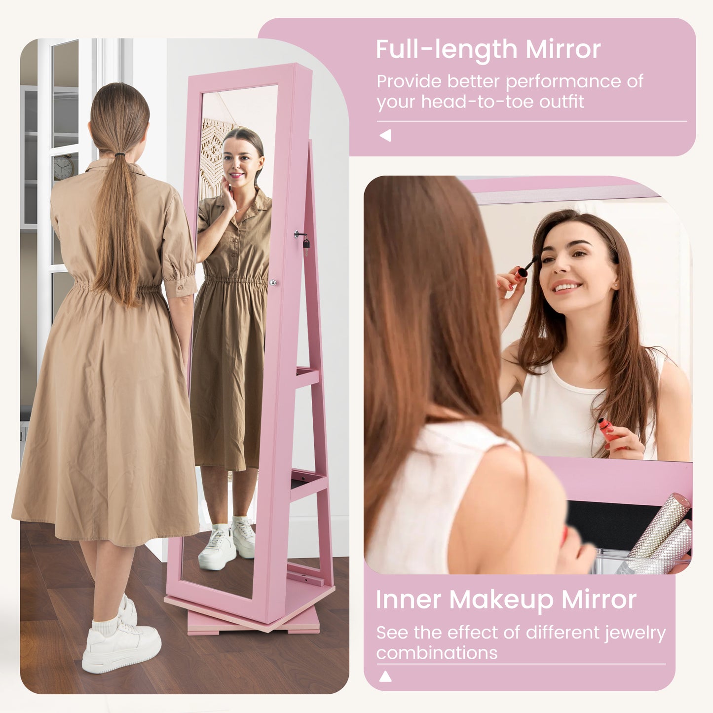 Jewelry Armoire with Full-Length Mirror and 360° Rotation