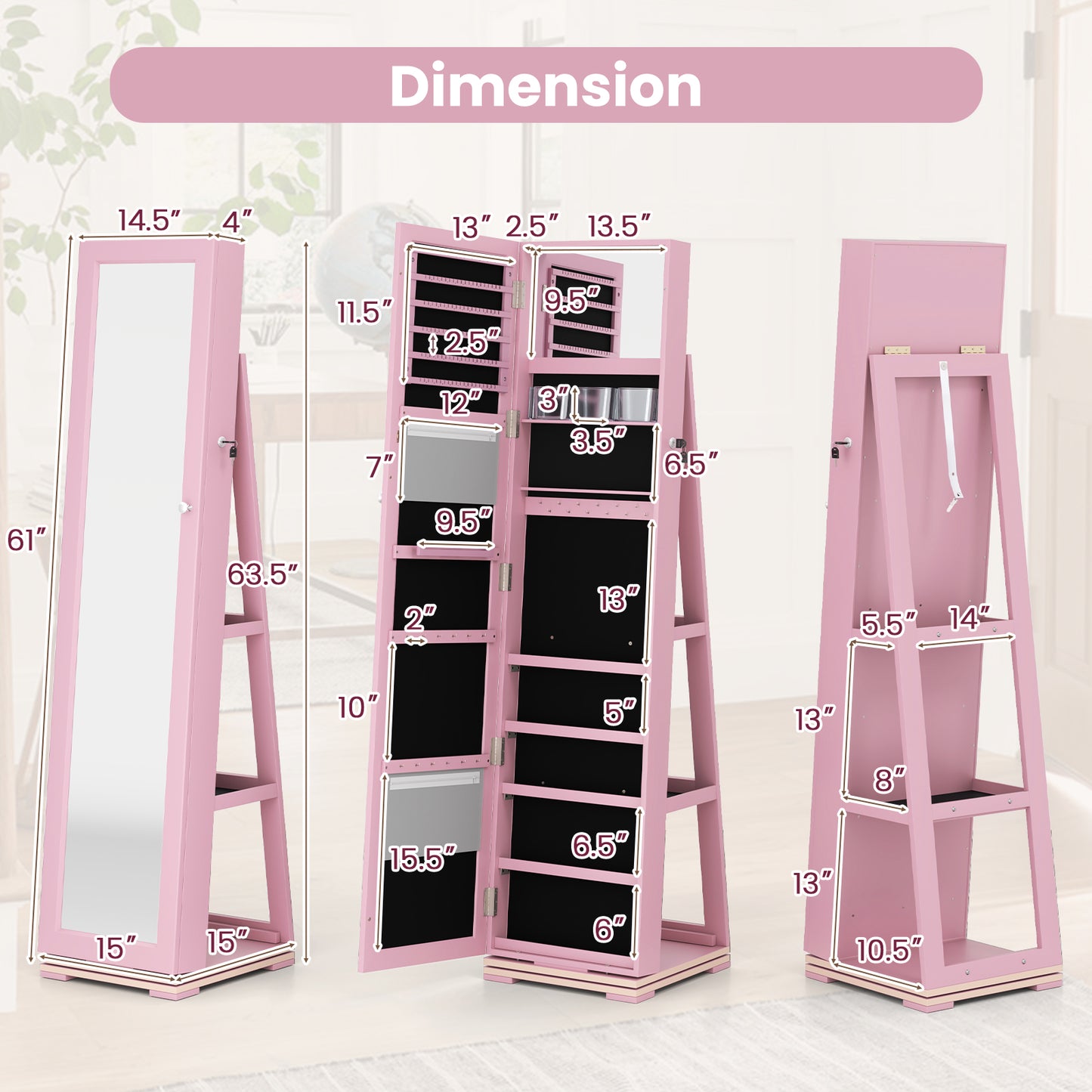 Jewelry Armoire with Full-Length Mirror and 360° Rotation