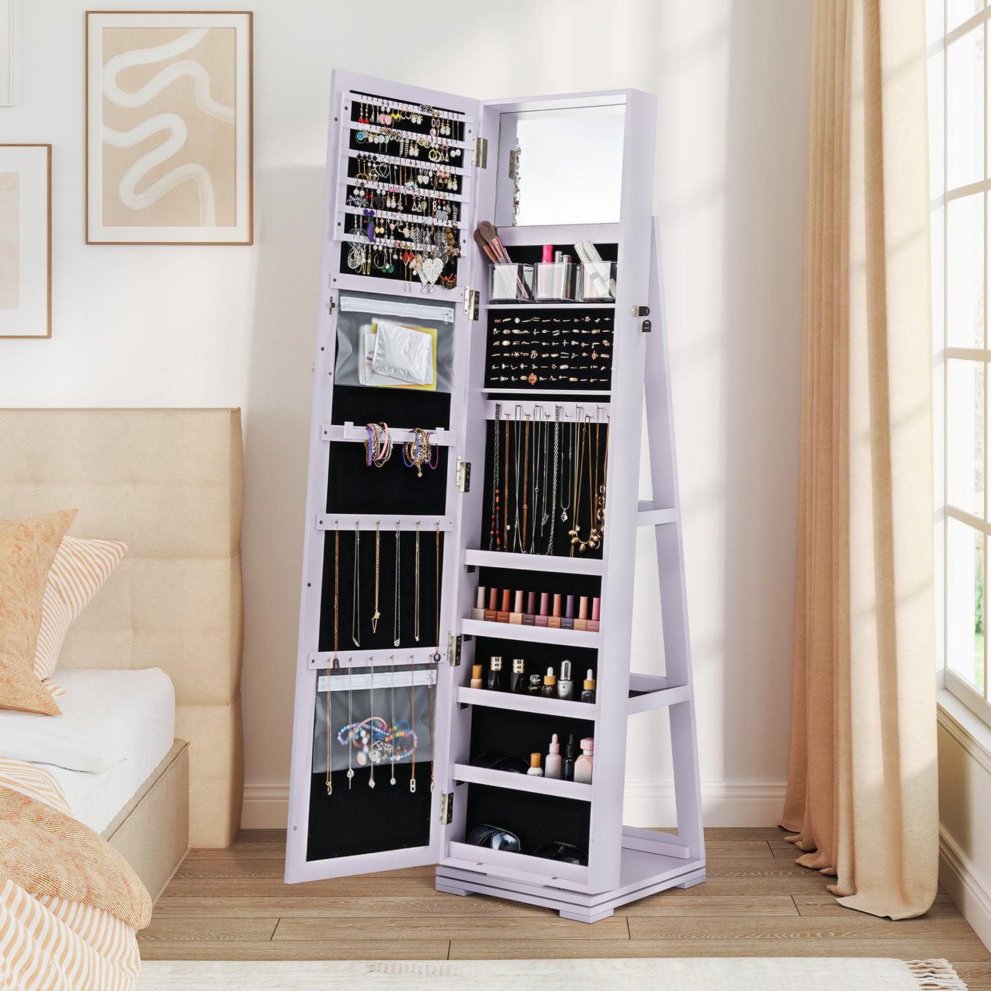 Jewelry Armoire with Full-Length Mirror and 360° Rotation