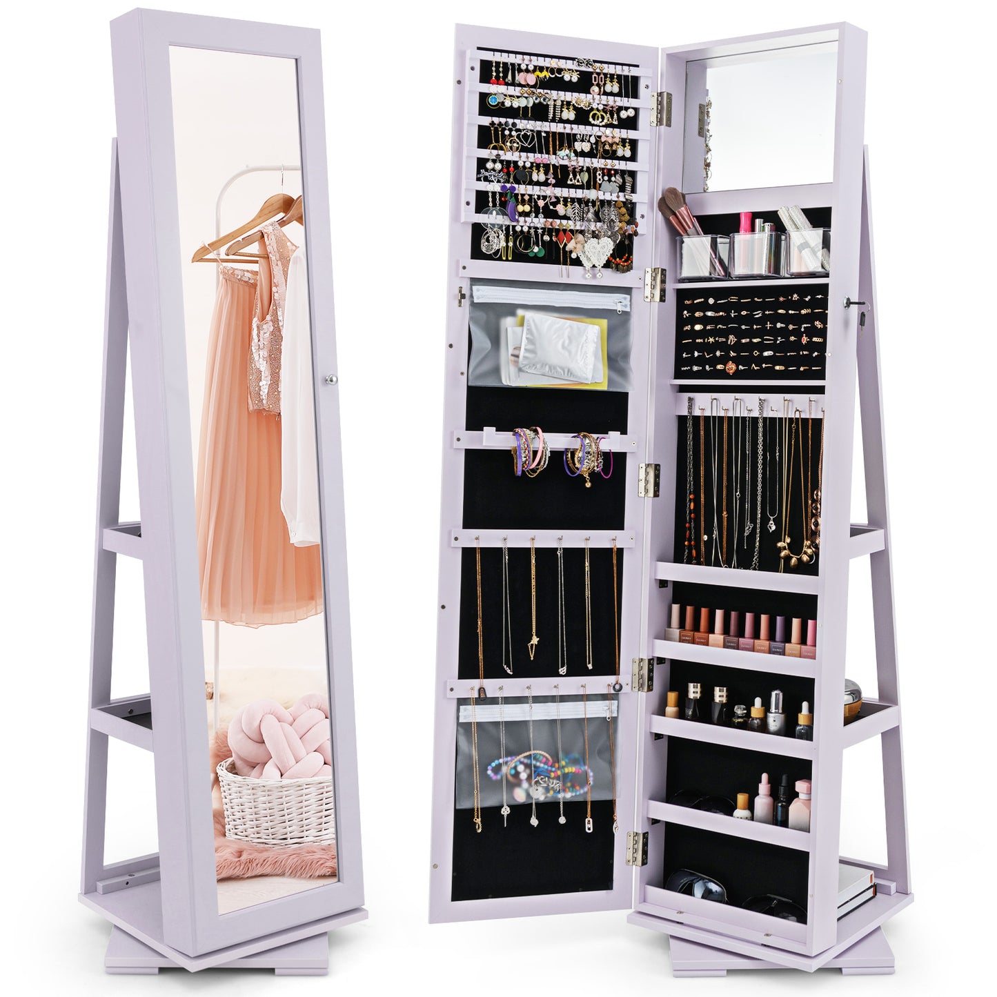 Jewelry Armoire with Full-Length Mirror and 360° Rotation