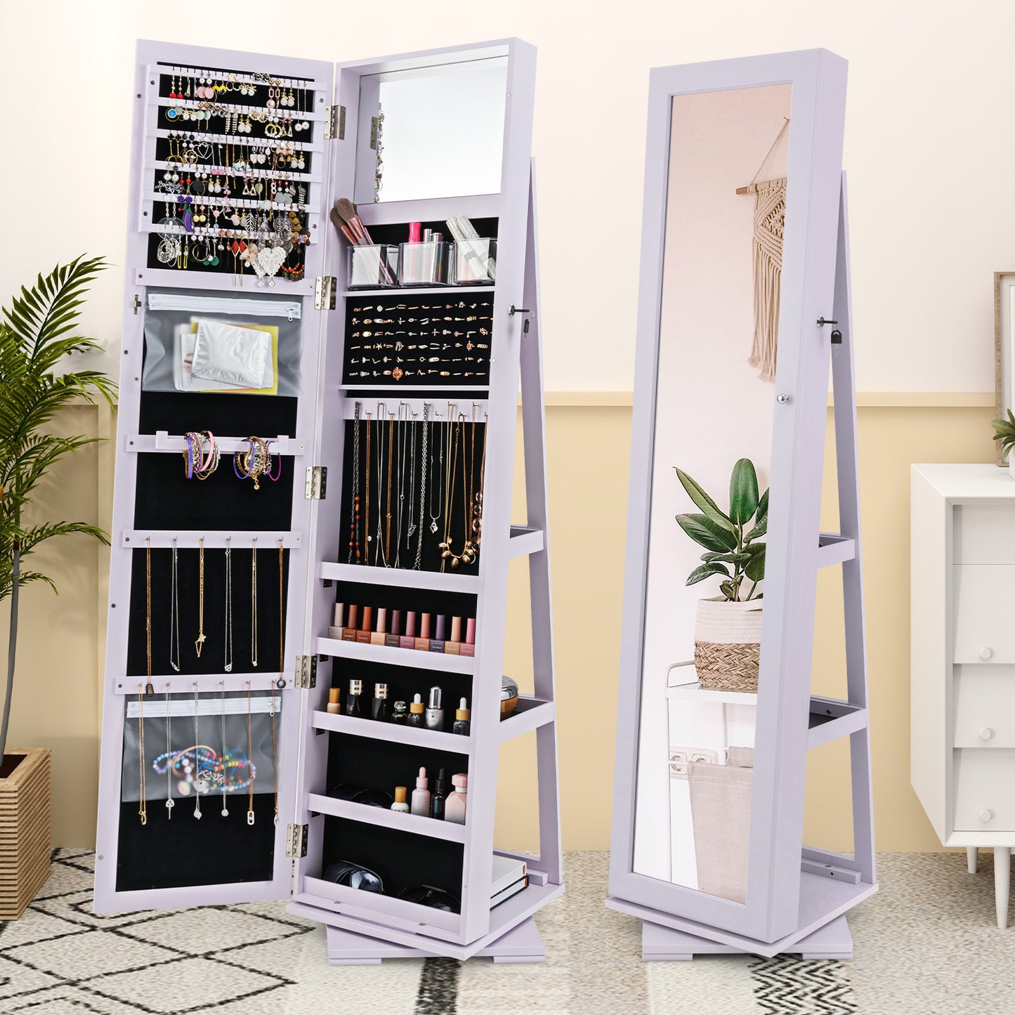 Jewelry Armoire with Full-Length Mirror and 360° Rotation