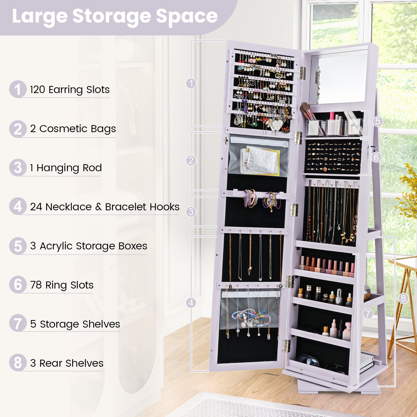 Jewelry Armoire with Full-Length Mirror and 360° Rotation