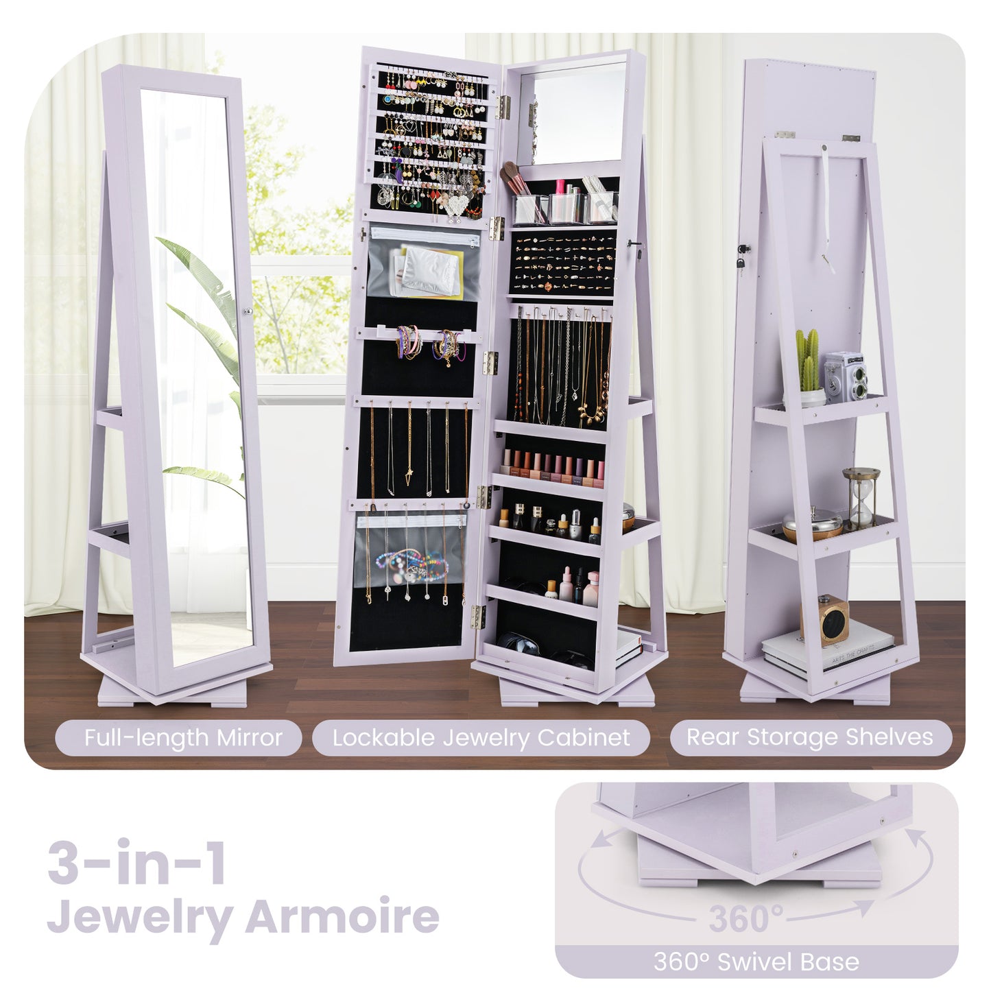 Jewelry Armoire with Full-Length Mirror and 360° Rotation