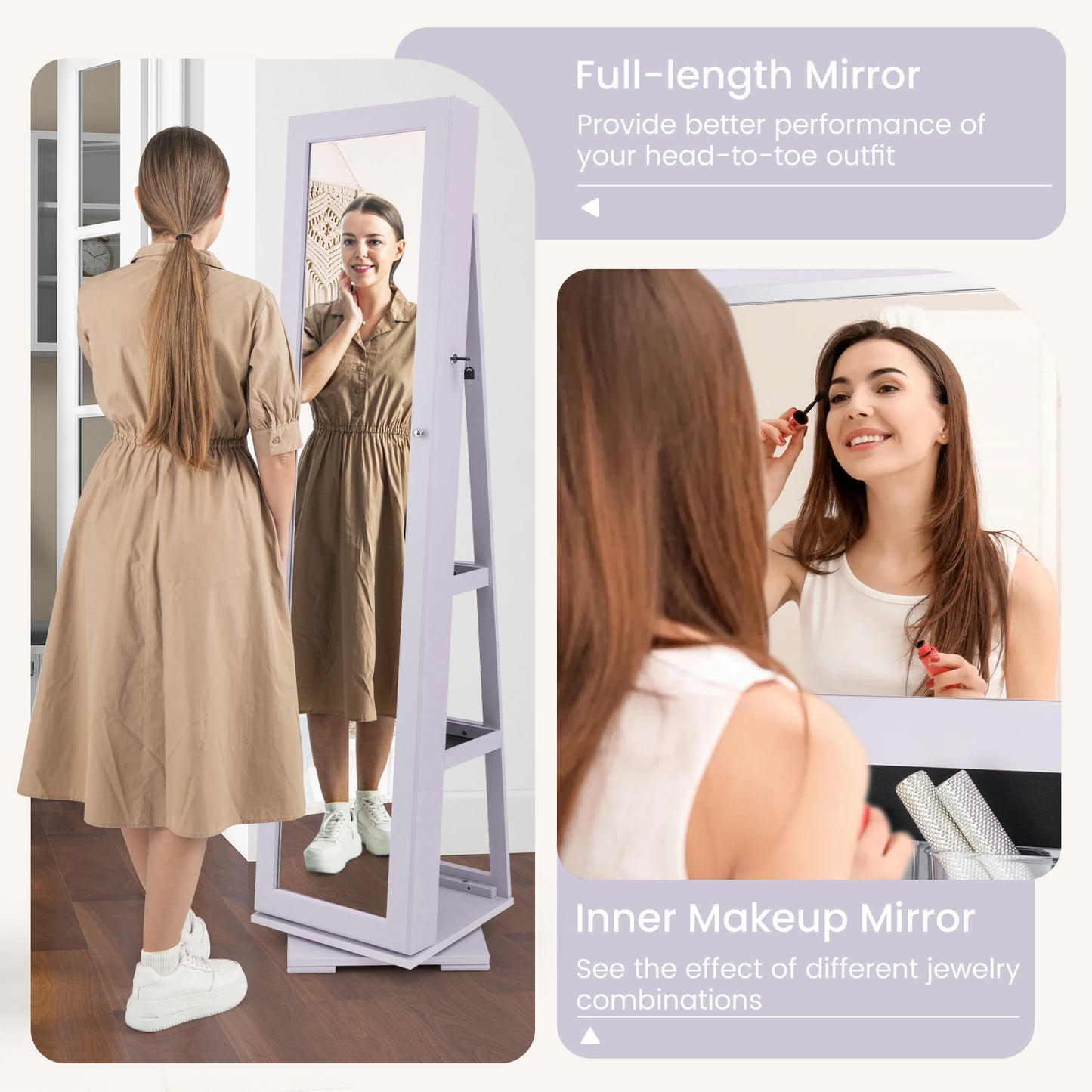 Jewelry Armoire with Full-Length Mirror and 360° Rotation