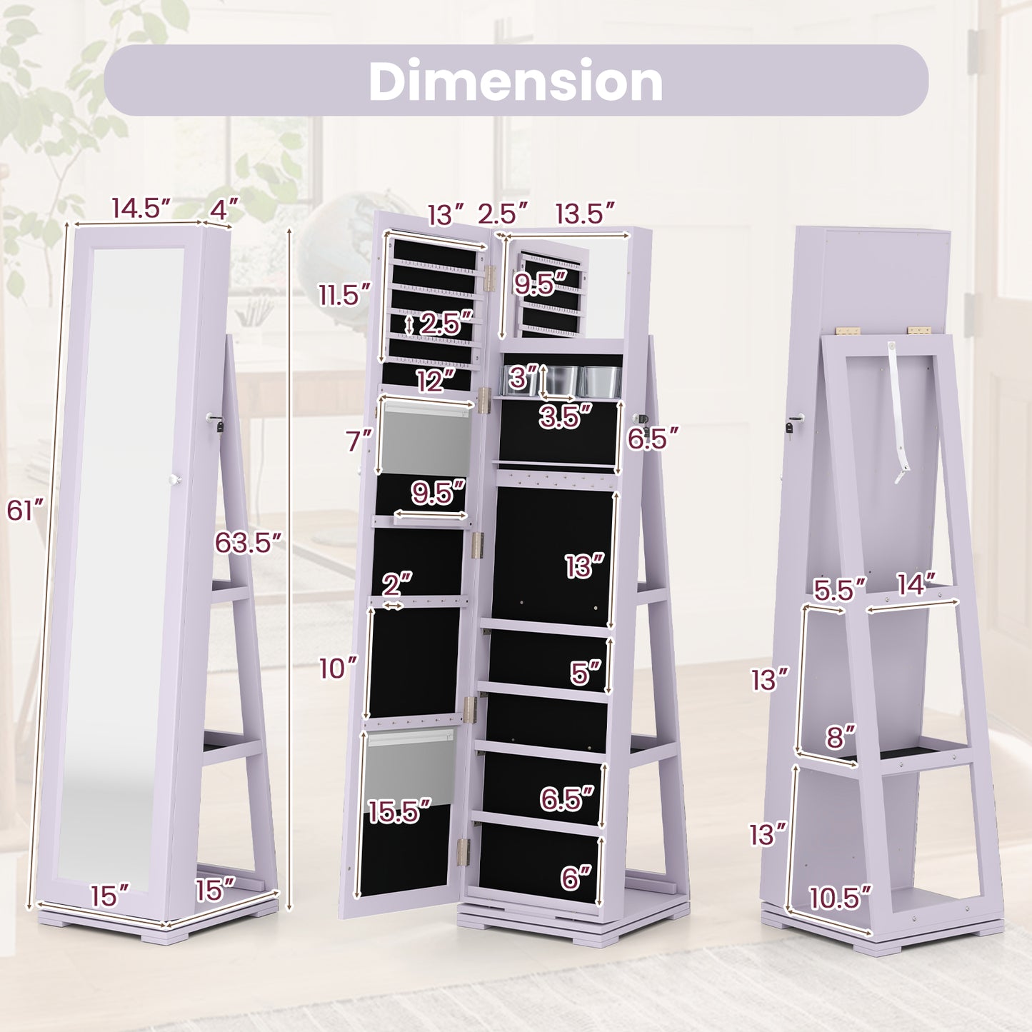Jewelry Armoire with Full-Length Mirror and 360° Rotation