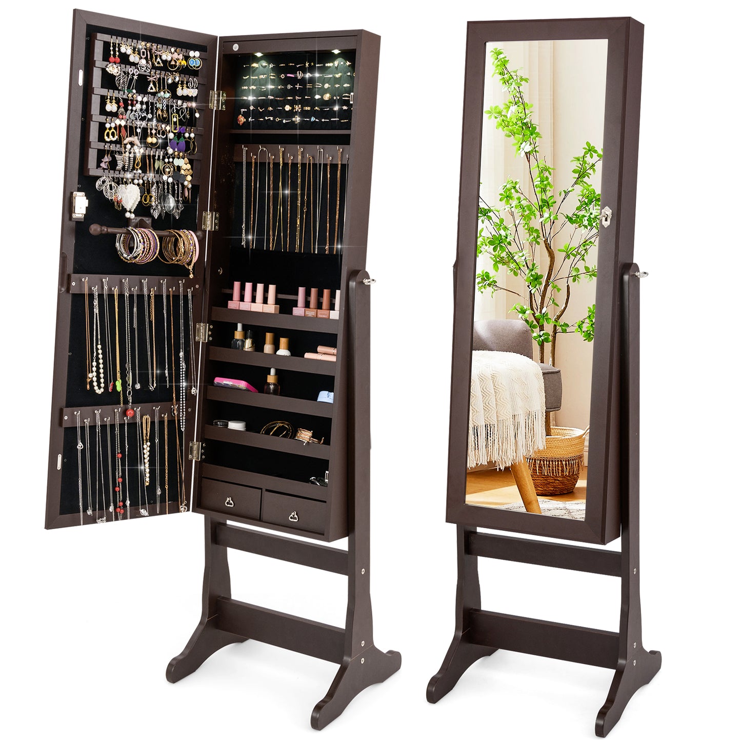 Mirrored Jewelry Armoire with LED Lights and Lock - Brown