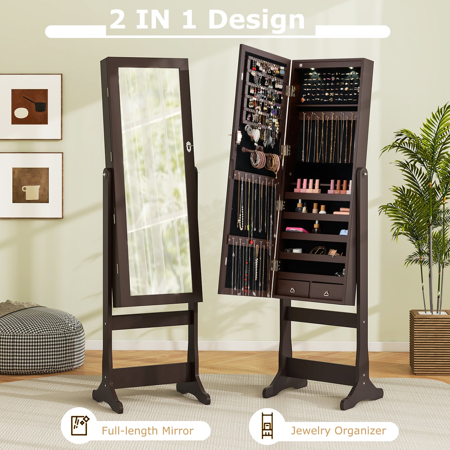 Mirrored Jewelry Armoire with LED Lights and Lock - Brown