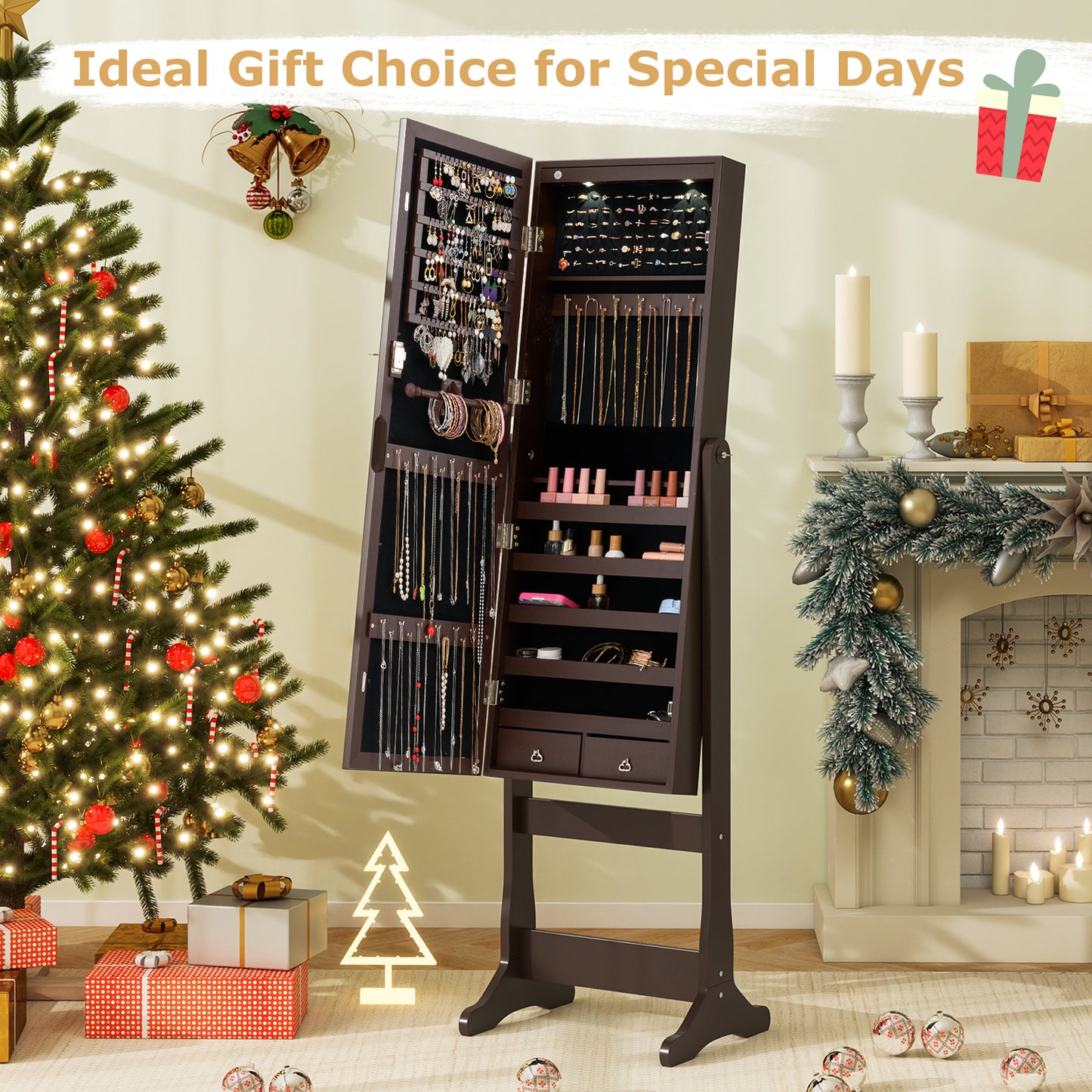 Mirrored Jewelry Armoire with LED Lights and Lock - Brown