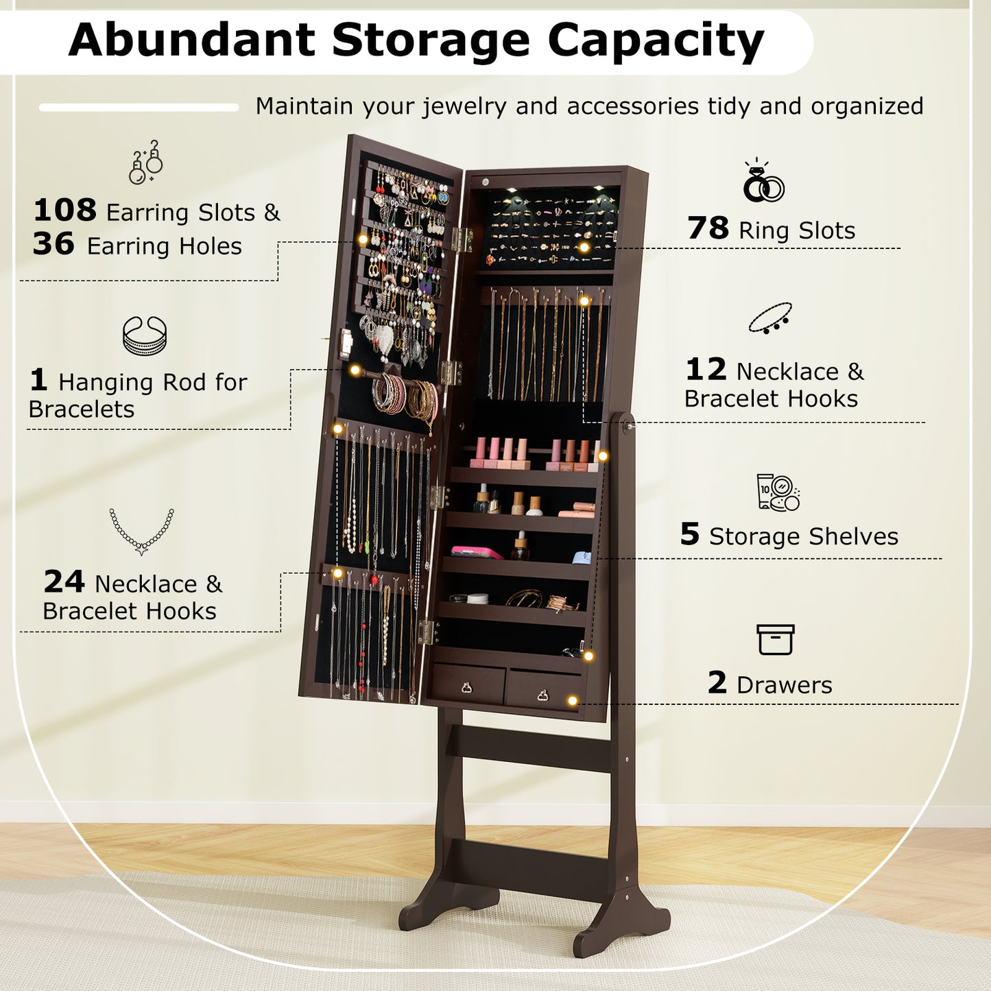 Mirrored Jewelry Armoire with LED Lights and Lock - Brown