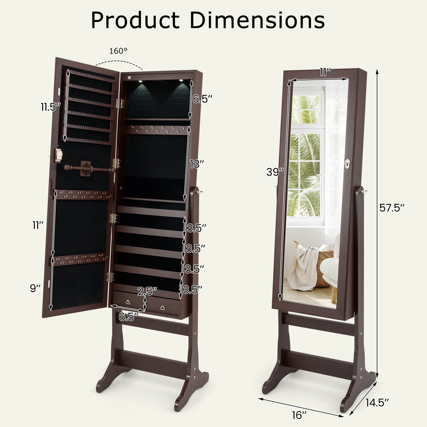 Mirrored Jewelry Armoire with LED Lights and Lock - Brown