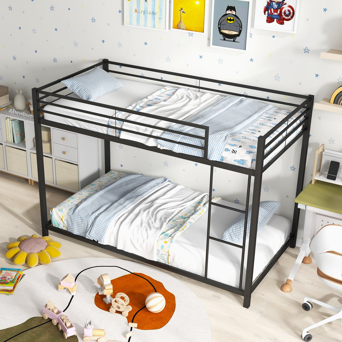 Low Profile Twin Over Twin Metal Bunk Bed with Full-length Guardrails