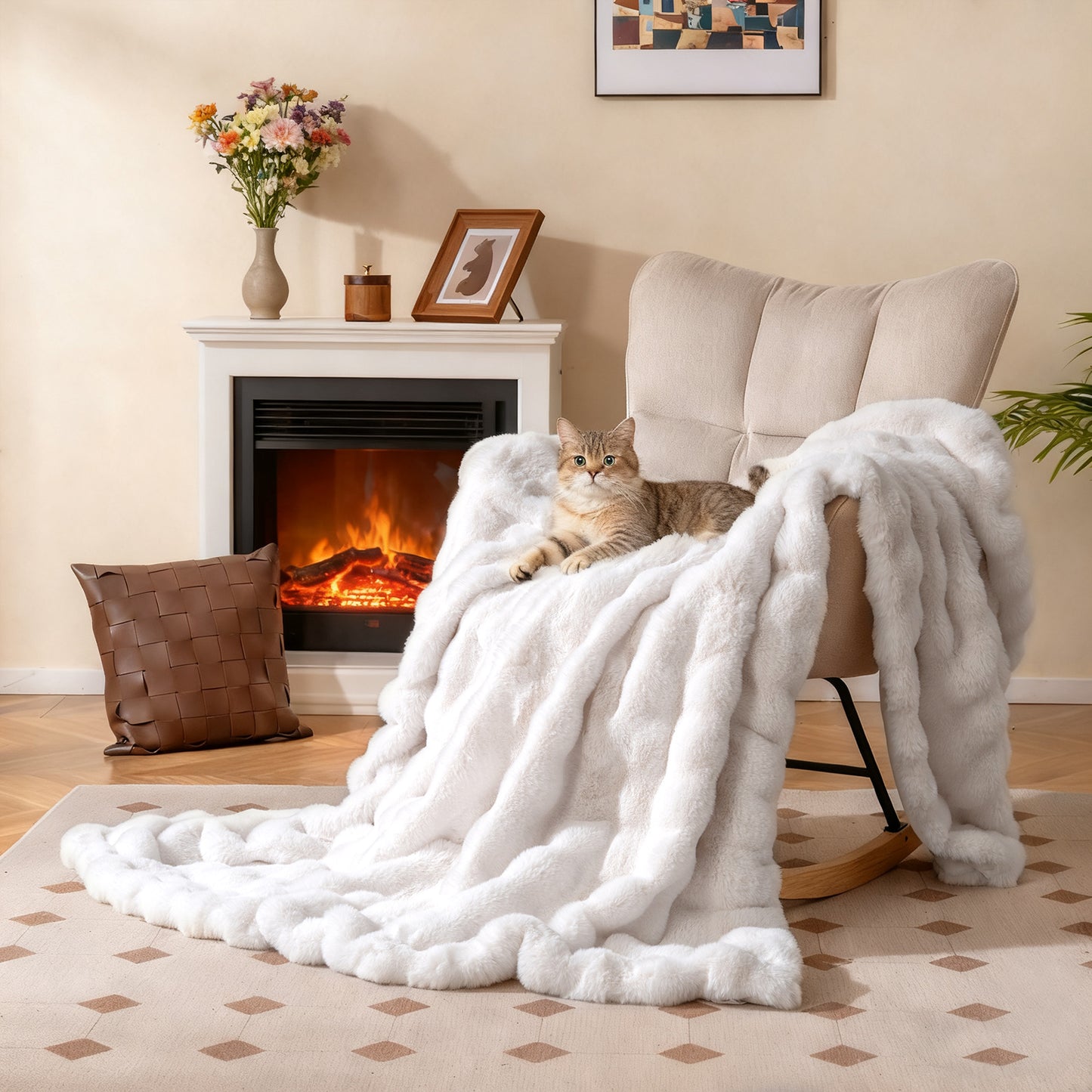 Faux Rabbit Fur Throw Blanket 60x80 Double-Sided Plush