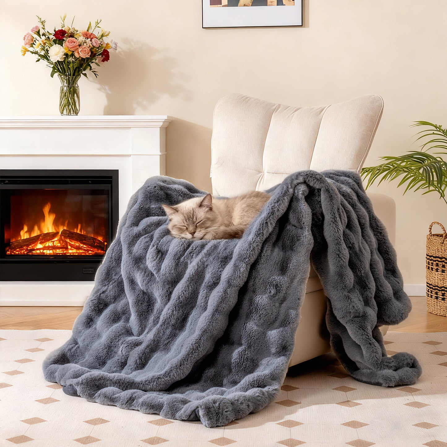 Faux Rabbit Fur Throw Blanket 60x80 Double-Sided Plush