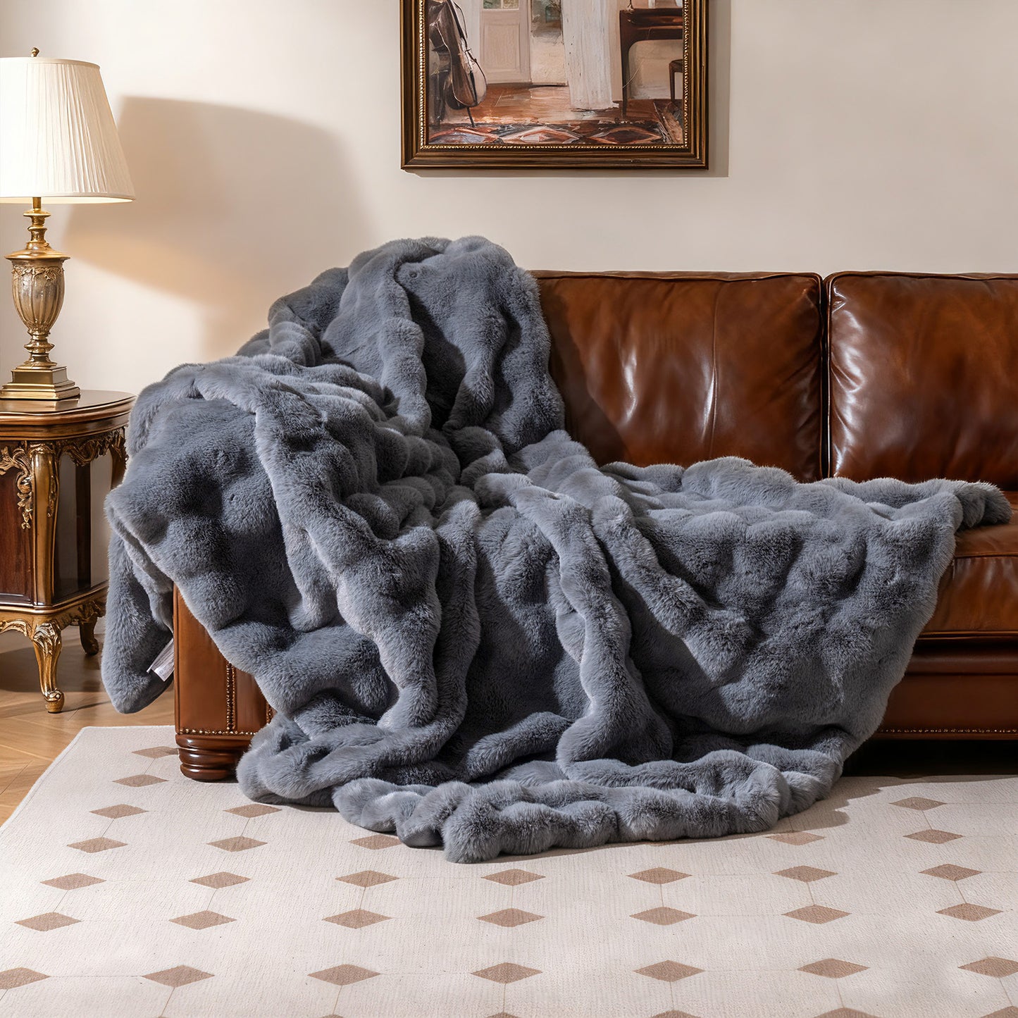 Faux Rabbit Fur Throw Blanket 60x80 Double-Sided Plush
