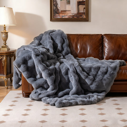 Faux Rabbit Fur Throw Blanket 60x80 Double-Sided Plush