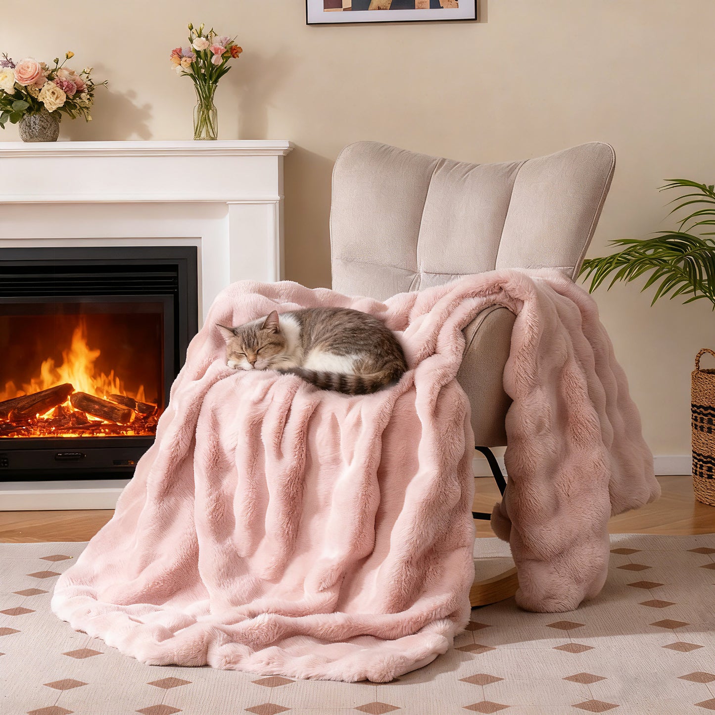 Faux Rabbit Fur Throw Blanket 60x80 Double-Sided Plush