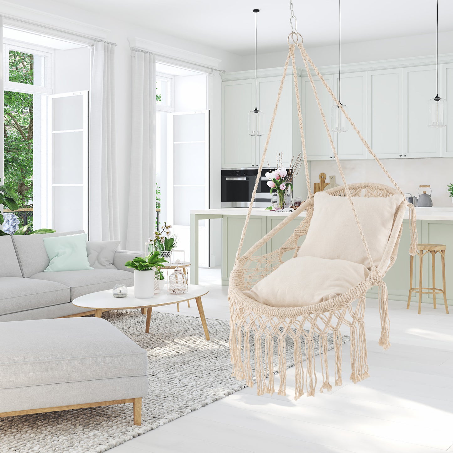Hanging Hammock Chair with Cushions and Rope Chain
