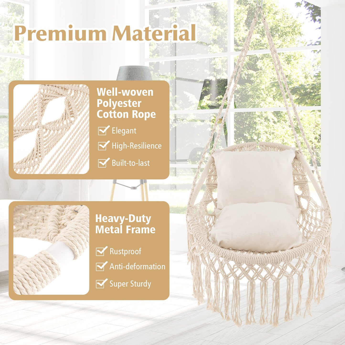 Hanging Hammock Chair with Cushions and Rope Chain