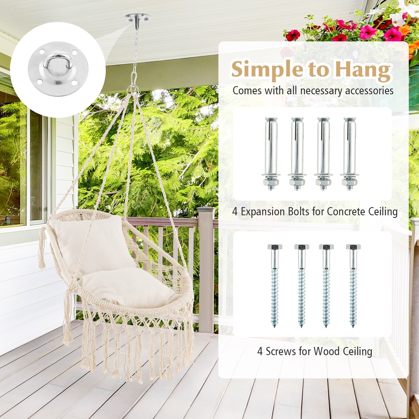 Hanging Hammock Chair with Cushions and Rope Chain