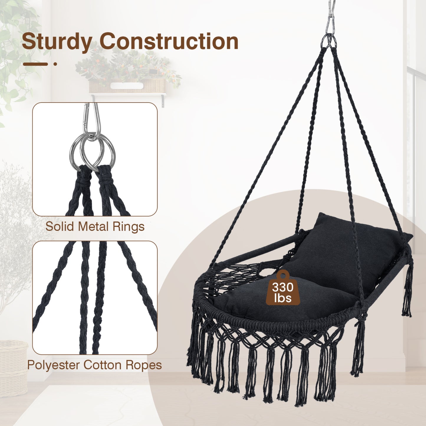 Macrame Swing Chair with Removable Cushions