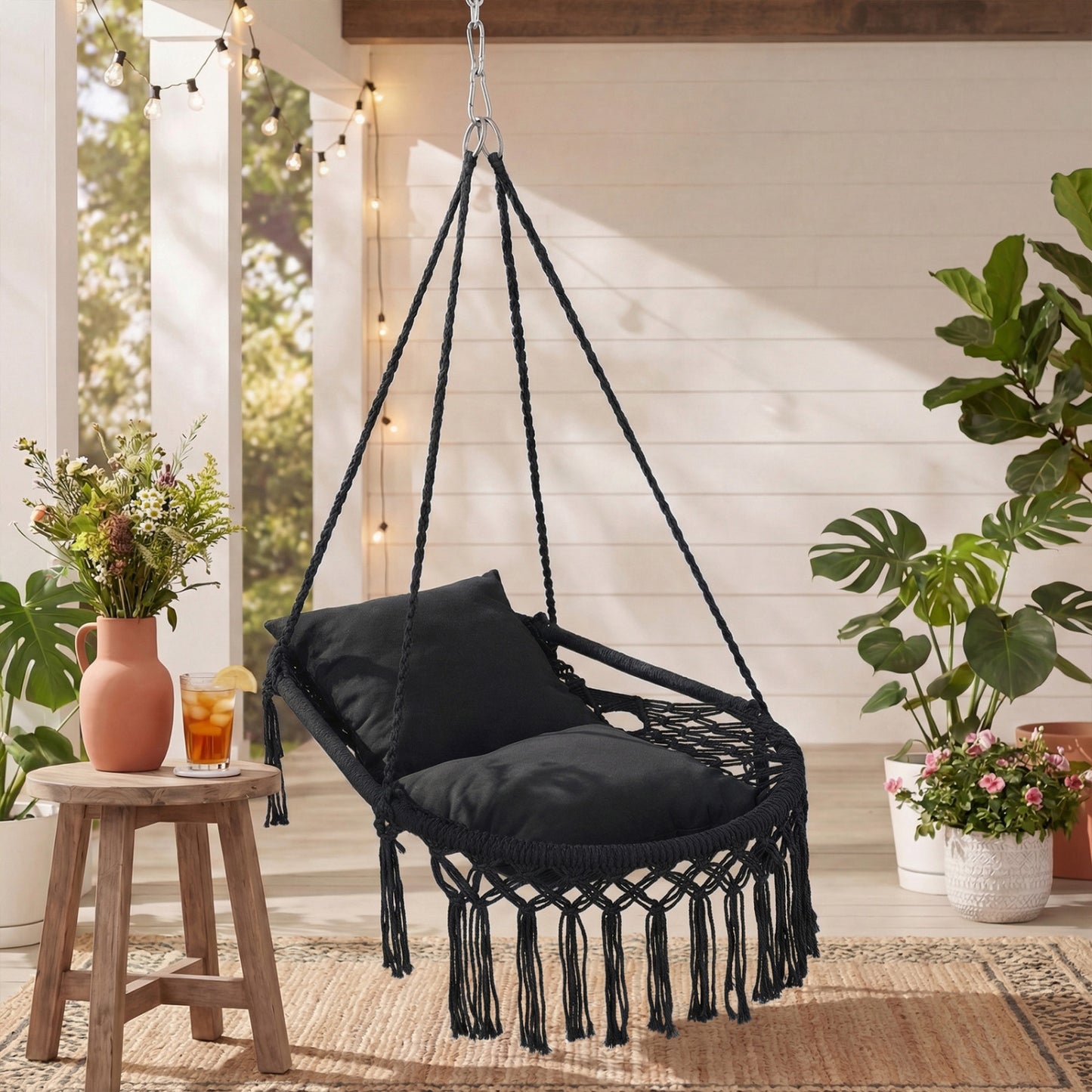 Macrame Swing Chair with Removable Cushions