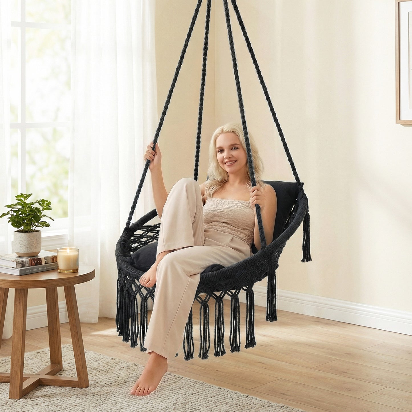 Macrame Swing Chair with Removable Cushions
