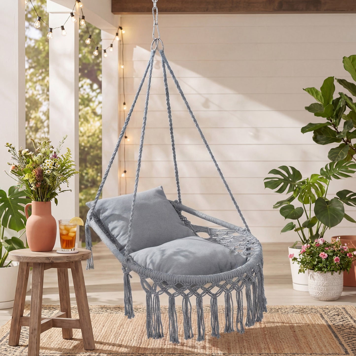 Macrame Swing Chair with Removable Cushions