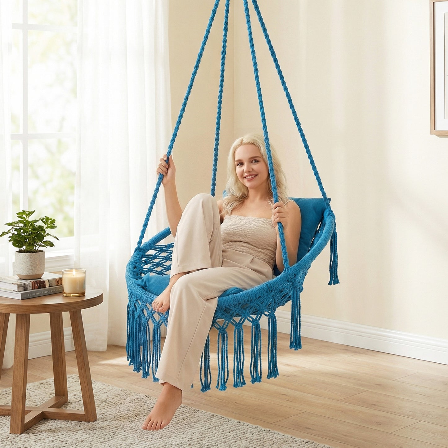 Macrame Swing Chair with Removable Cushions