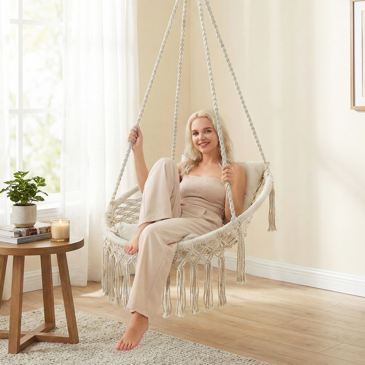 Macrame Swing Chair with Removable Cushions