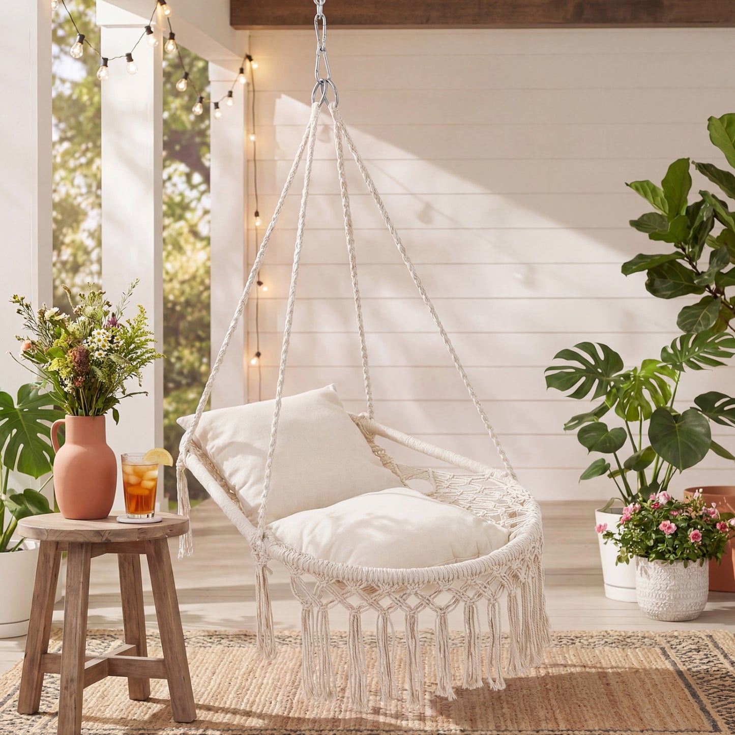 Macrame Swing Chair with Removable Cushions