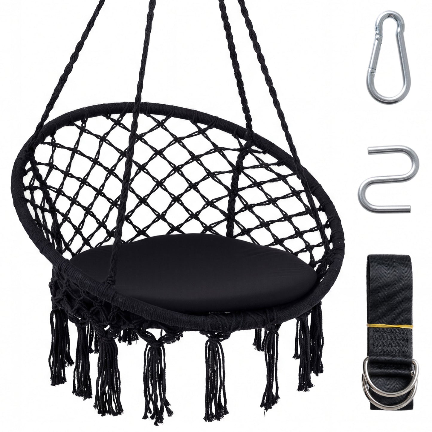 Macrame Swing Chair with Round Cushion and Metal Frame